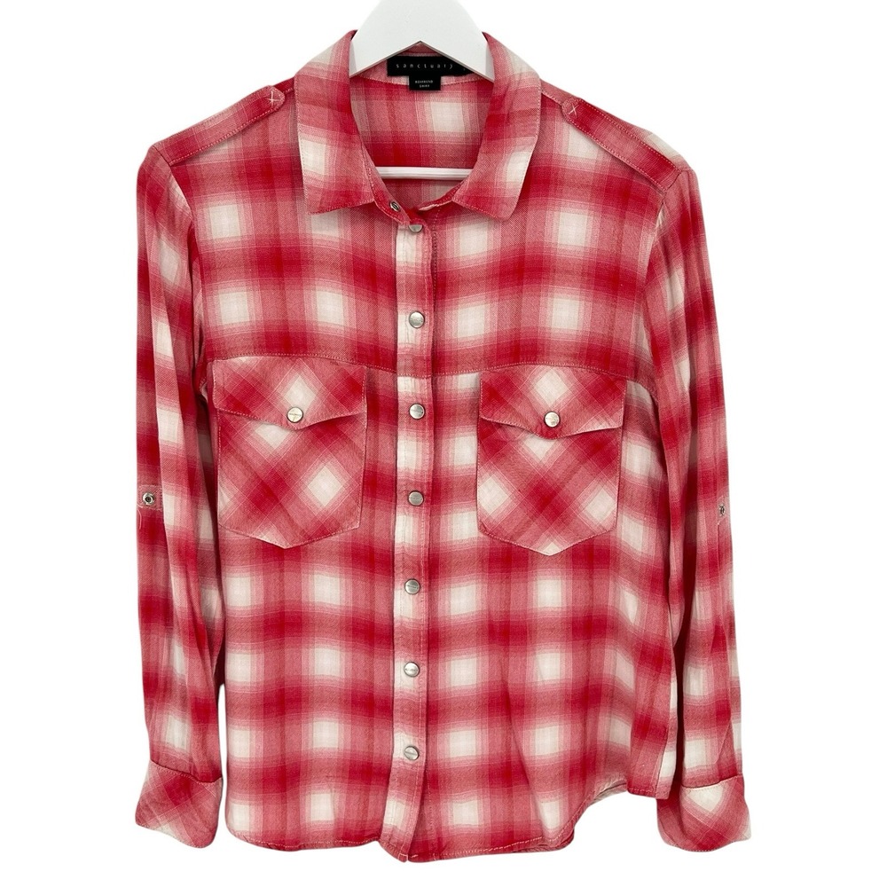 Sanctuary Women's Boyfriend Shirt Flannel Red Pink Plaid Size S Roll‎ Tab L/S